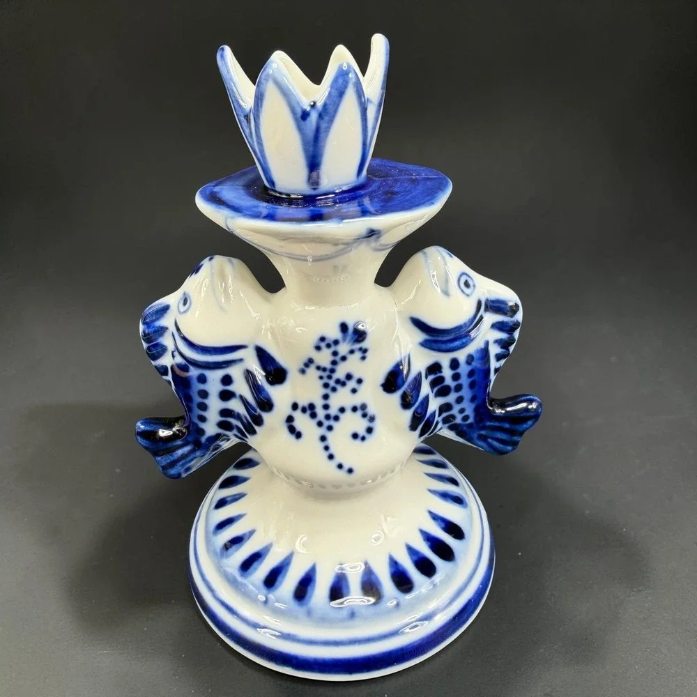 Gzhel Russian Porcelain Fish Candlestick Holder Blue White Hand Painted Vintage